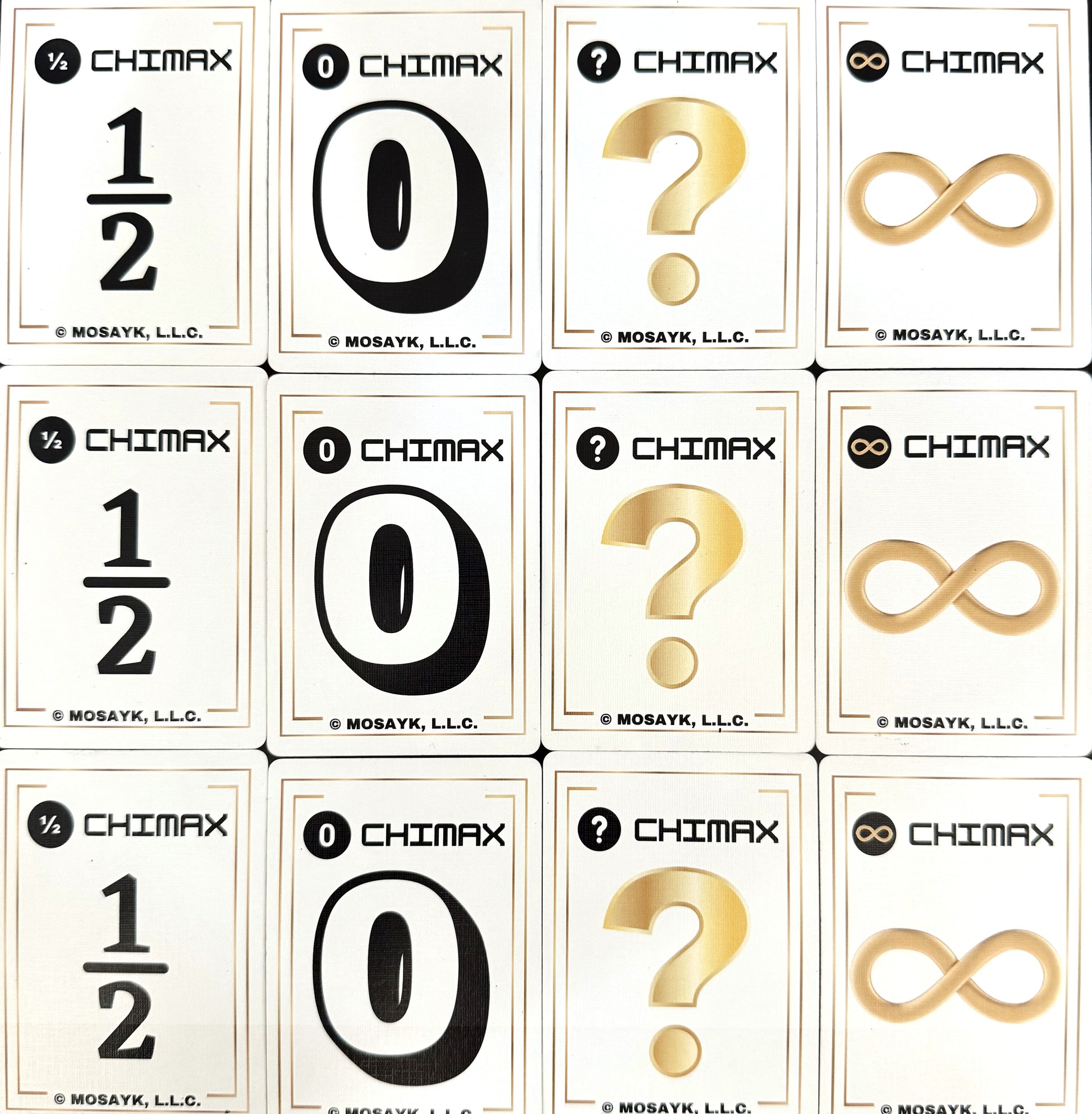 Grid of Chimax branded cards with various symbols and numbers.