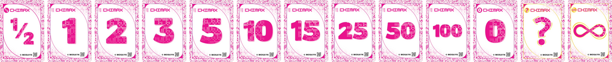 The thirteen CHIMAX cards in the Flamingo colorway, laid out in order
